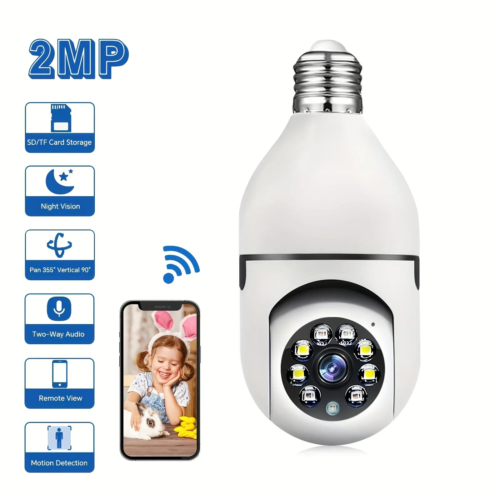 

HD 1080P Wireless Two-Way Audio Bulb Camera Pan-Tilt-Zoom Surveillance Camera Motion Detection SD Card Storage Video Recording