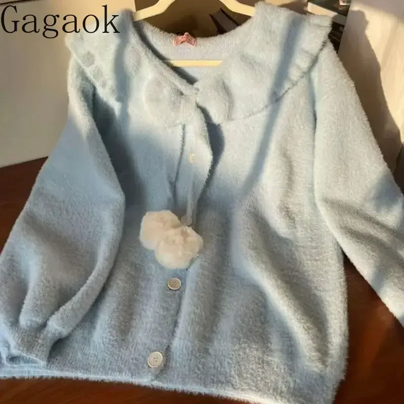 Gagaok Gentle Kawaii Clothes Cardigans 2024 Autumn Japan Style Peter Pan Collar Sweater Coat Solid Sweet Knitted Cardigan