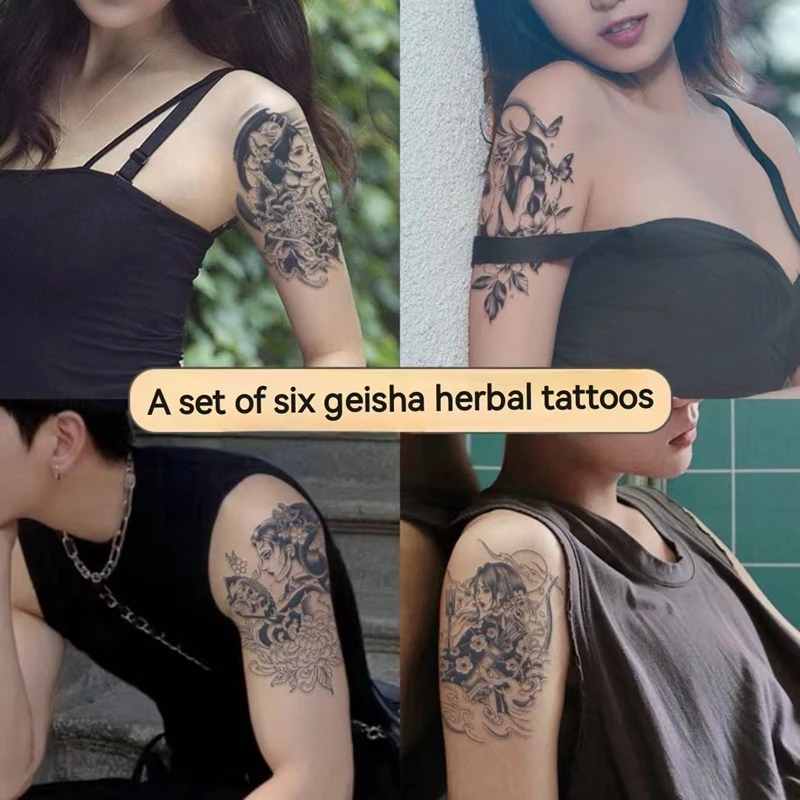 6pc/Set Geisha Herbal Juice Tattoo Sticker Semi-permanent Waterproof  Fake Tattoo Male Female Lasting Arms Leg Faux Tatouage Art