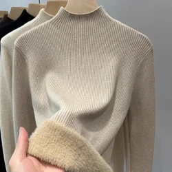 Winter Fleece-lined Thickened Knitting Bottoming Shirt Women's Half Turtleneck Pullover Thermal Clothes Solid Color