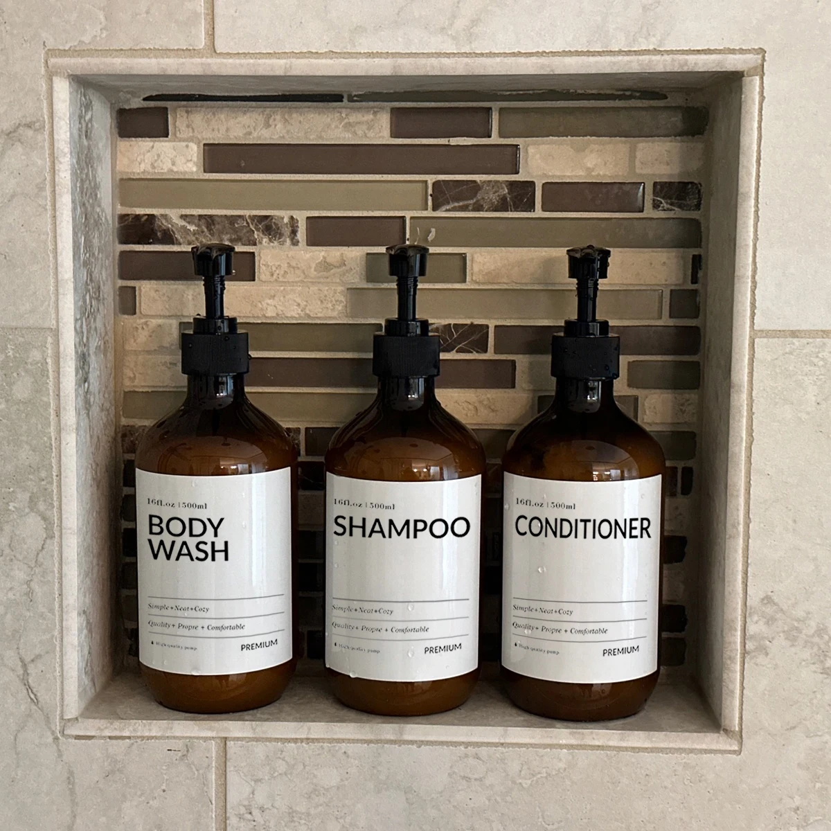 3Pcs Bath Shampoo and Conditioner Bottle with Waterproof Label Bamboo Pump Shower Body Wash Lotion Container