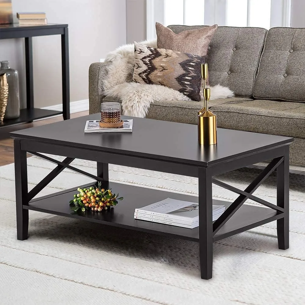 

Coffee Table,Thicker Legs Oxford Coffee Table ，Black Wood ，with Storage for Living Room，Coffee Table