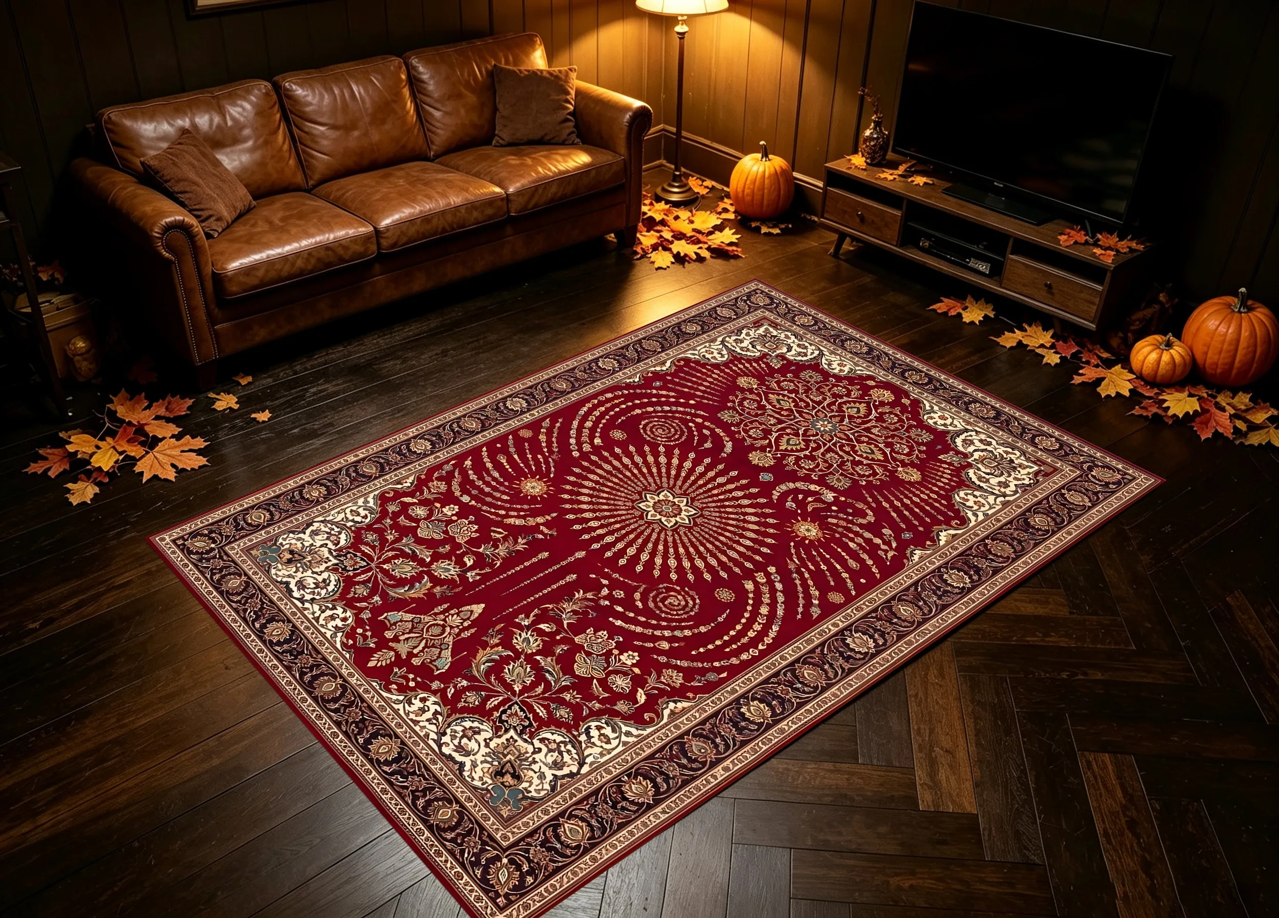 Burgundy Radiating Sun Pattern Persian Floral Print Vintage Exotic Style Christmas and New Year Suitable for Living Room and Bedroom, Autumn and Winter Warm Tone Velvet Rug