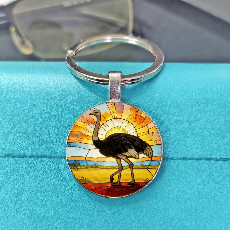 Savanna Sunset Sun Background Animal Round Keychain, Zebra Antelope Lion Camel Horse Cabochon Metal Key Ring Safari Charm Gift