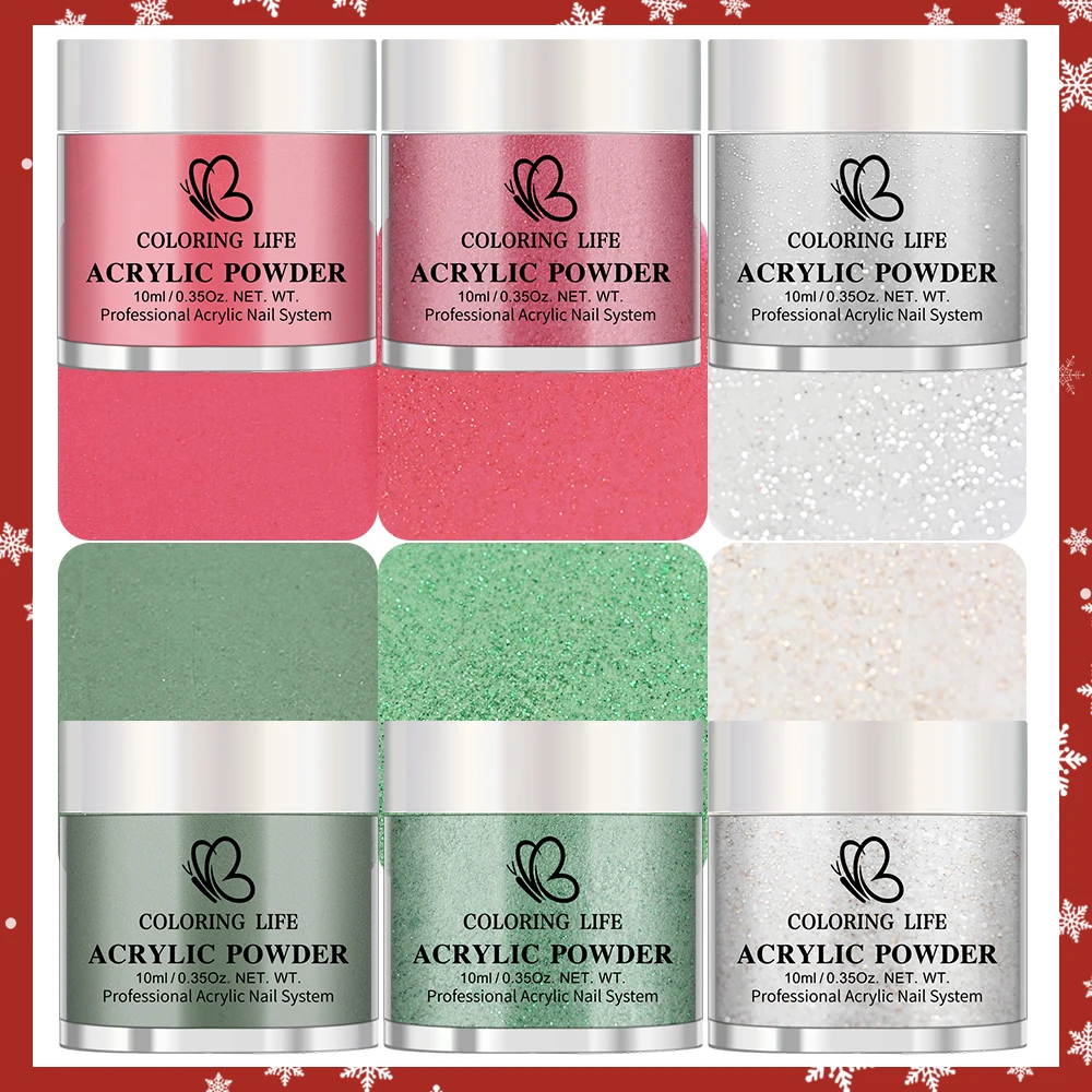 Kit de polvo acrílico rojo y verde de Navidad, 6 tarros x 7g, 3 en 1, para inmersión/tallado, acrílico, francés, polvo de cristal, extensión artística de uñas