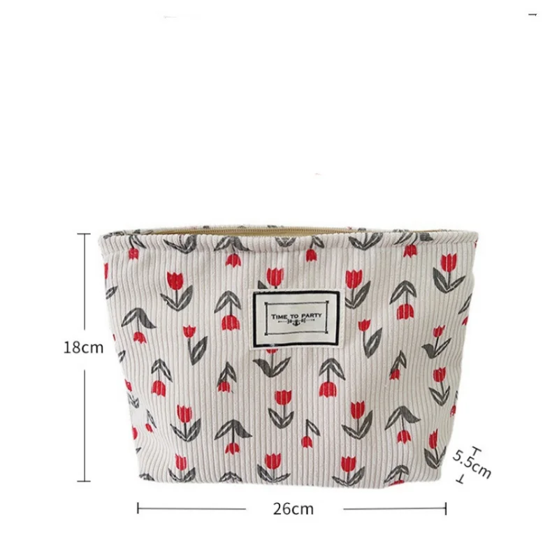 Corduroy Tulip Flower Makeup Bag Organizer Clutch Retro Cosmetic Bag Wash Women Travel Make Up Pouch Beauty Toilet Storage Cases - Image 4