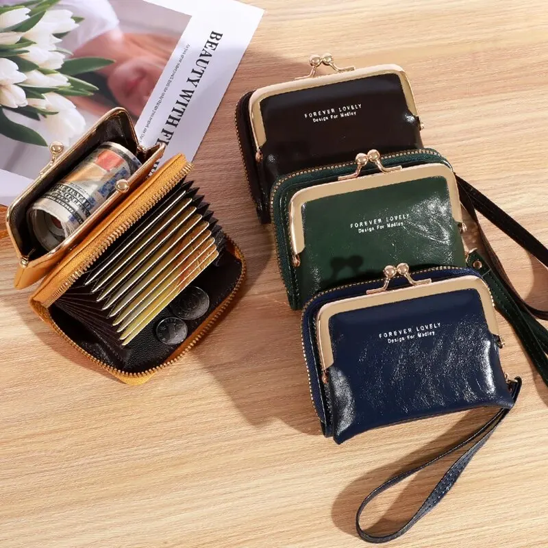 Nuovo portafoglio da donna con cinturino da polso corto in pelle di olio di cera portafoglio Zero portafoglio di grande capacità con lettera Multi Card Card Bag Wallet
