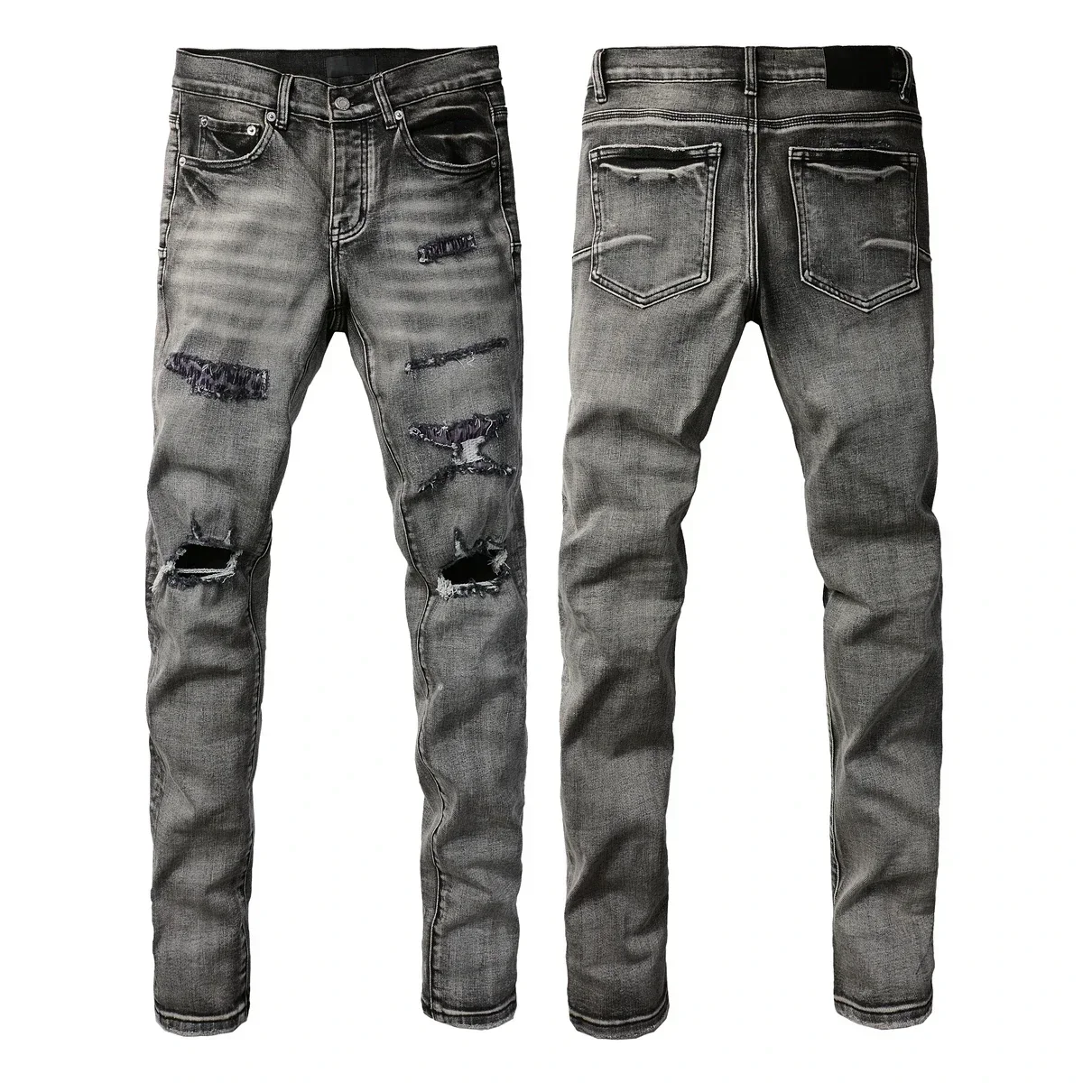

Men's Gray Distressed American Streetwear High Stretch Skinny Fly Ripped Holes men stretch jeans