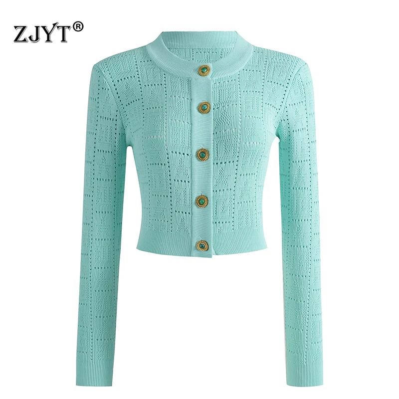 

ZJYT 2025 New Fashion Autumn Long Sleeve Sweaters O Neck Single Breasted Short Casual Slim Fit Knitted Tops Jersey Mujer Green