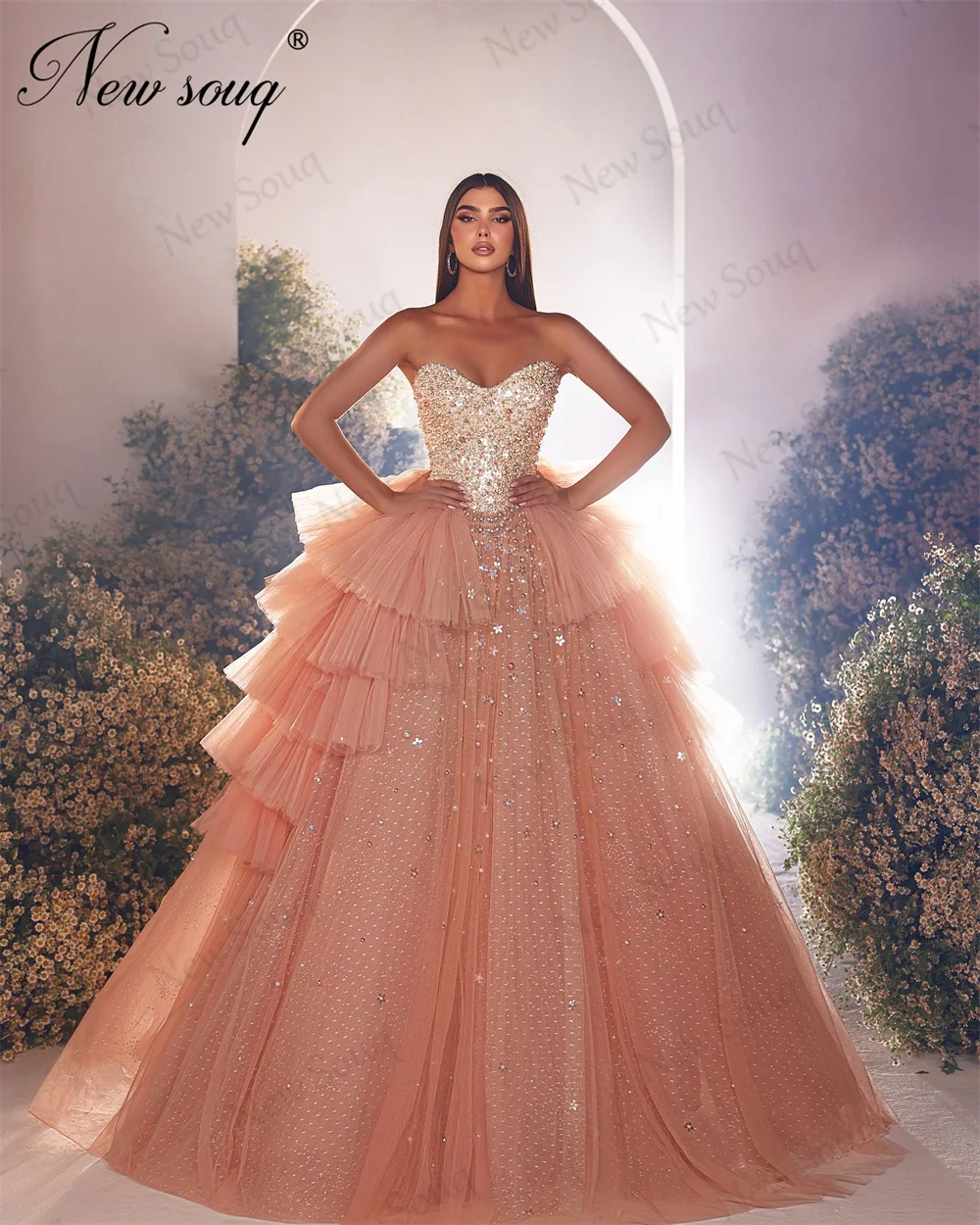 Princesa rosa vestido de baile linha A feminino, lantejoulas elegantes, vestidos de noite frisados, vestidos de casamento árabe e Dubai, 2022