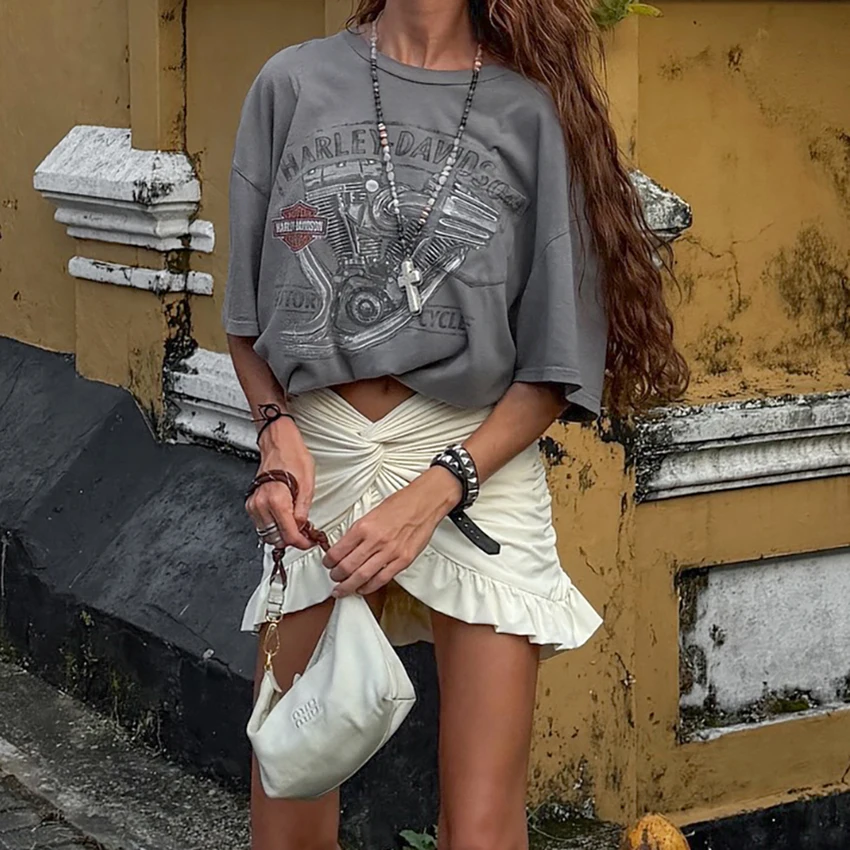 Linad Street Chic Apricot Ruched Asymmetrical Skirts For Woman 2026 Summer Sexy Low Waist Mini Skirts Casual Ruffles Skirt Women