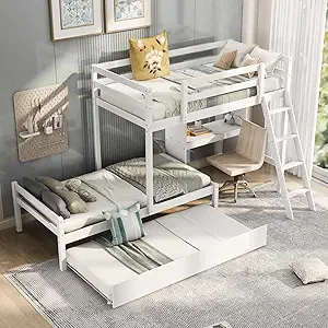 

Twin Size Bunk Bed with Desk, Tray and Ladder, Suitable for Teenagers and Adults, Without Springs,Bed Bases & Frames