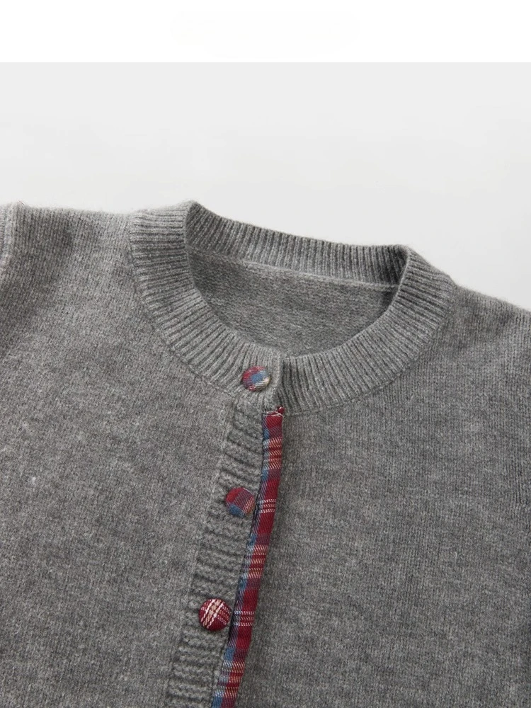 SALIENCY Korean Style Round Neck Patchwork Plaid Sweater for Women 2025 Loose Warm Knit Cardigan Top