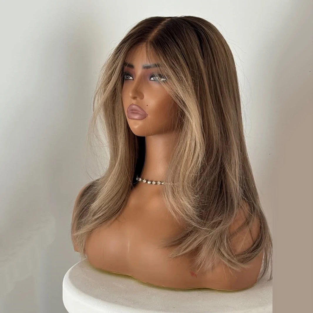 Highlight Wig Ash Blonde Brown Lace front Wig For Women Medium Long Wig Layered Straight Glueless Wig 13x4 Dark Rooted Realistic