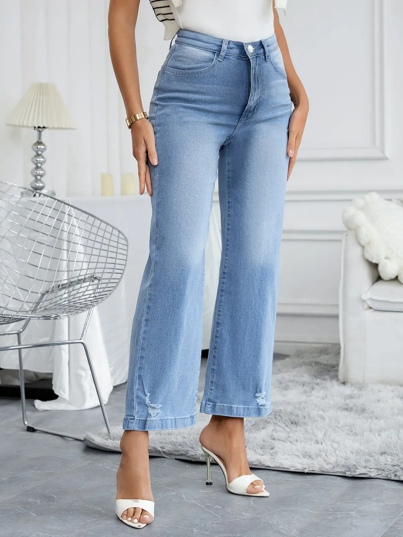 Calça jeans solta elástica de perna larga feminina, hidratação de gordura, comprimento de pernas, mistura de algodão orgânico, envio global