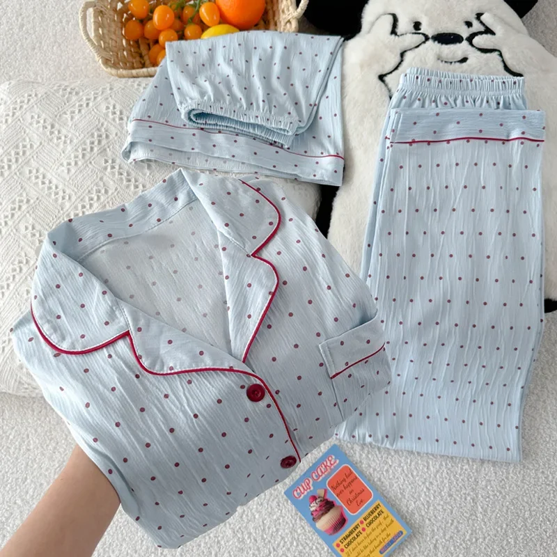 Women Summer Pajamas Three-piece Set Leisure Sleepwear Short Sleeve Lapel Polka Dot Print Pyjamas Female Loose Loungewear