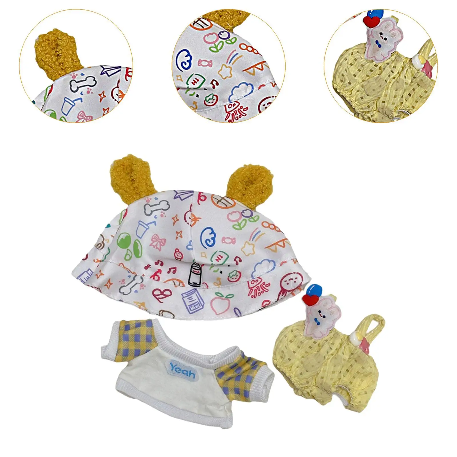Doll Romper Clothes with Hood and Hat for 20cm Plush Toys Cute Educational Dress Up Set for Kids