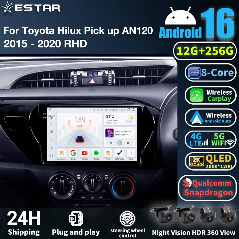Android 16 Car Radio For Toyota Hilux Pick Up AN120 2015 - 2020 RHD GPS Multimedia Player Navi Head Unit Wireless Carplay Video