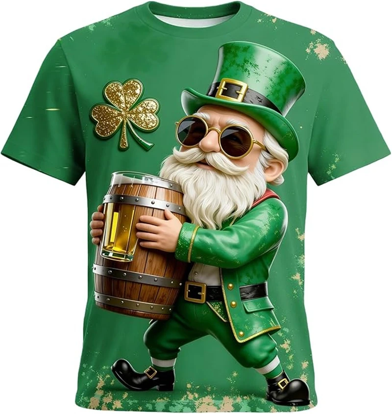 St. Patrick's Day Men's T-Shirt Fashionable Short-Sleeve Crew Neck Tops 3D Print  Lucky Clover Green Tee Shirt Men's Casual Tops