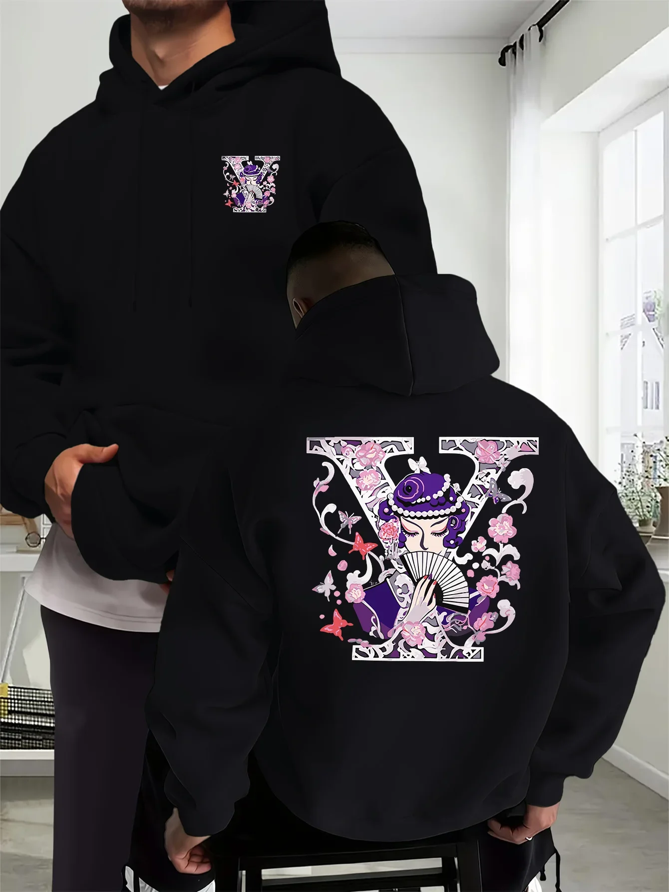 Harajuku Oriental Lady With Fan Hoodie Unisex V Frame Flower Butterfly Vintage Art Double Sided Print Oversized Hooded