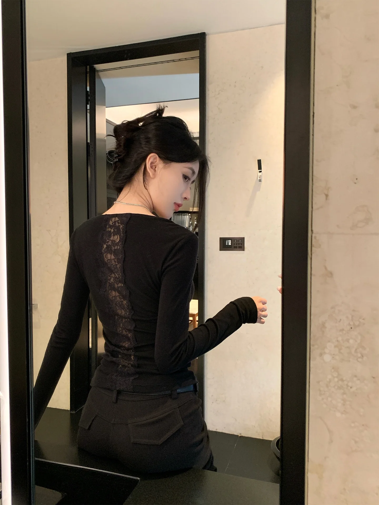 

He Chenxi шерстяная кружевная лоскутная длинная женская базовая футболка с эластичной резинкой на талии, осенняя новая повседневная футболка Sle Date