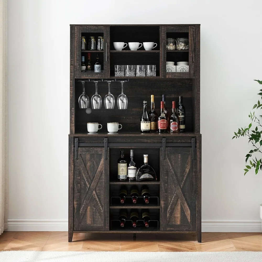 

Coffee Bar Wine Cabinet with Sliding Barn Doors, 70" Tall Farmhouse Kitchen Hutch with Wine & Glasses Rack and Storage, Pantry