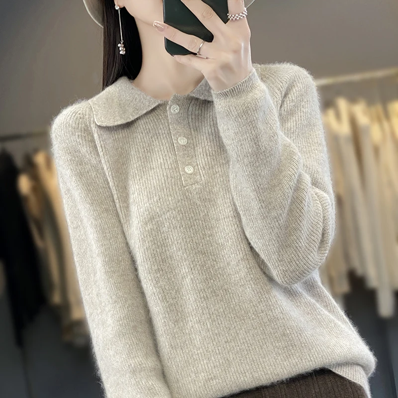 RONGYI Autumn And Winter New 100% Mink Cashmere Lapel Women\'s Solid Color Loose Pullover Knitted Padded Warm Long Sleeve Top