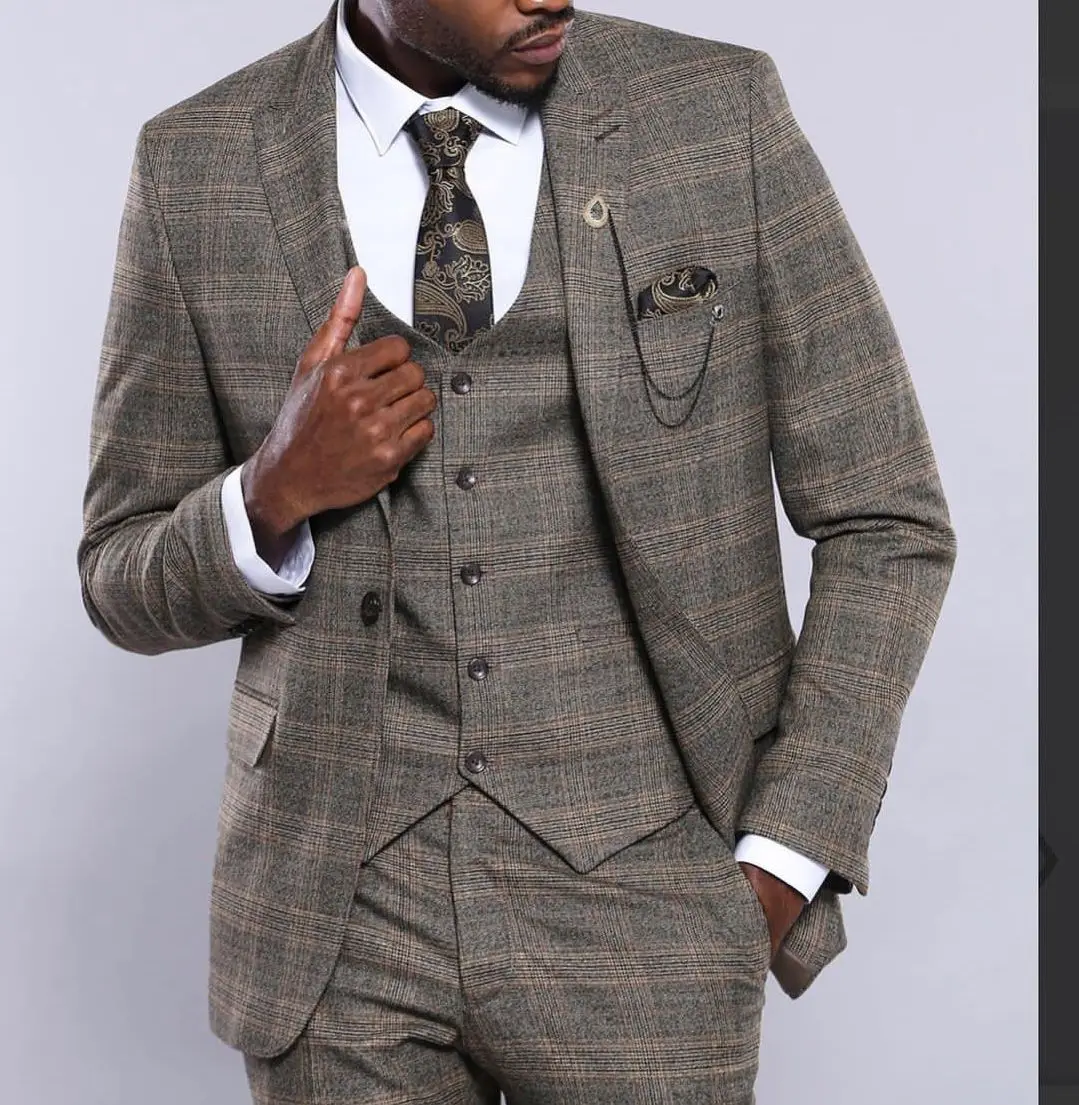 Brown Plaid New Arrival Men Suit Tailor-Made 3 Pieces Blazer Vest Pants One Button Gentle Wedding Groom Causal Prom Tailored