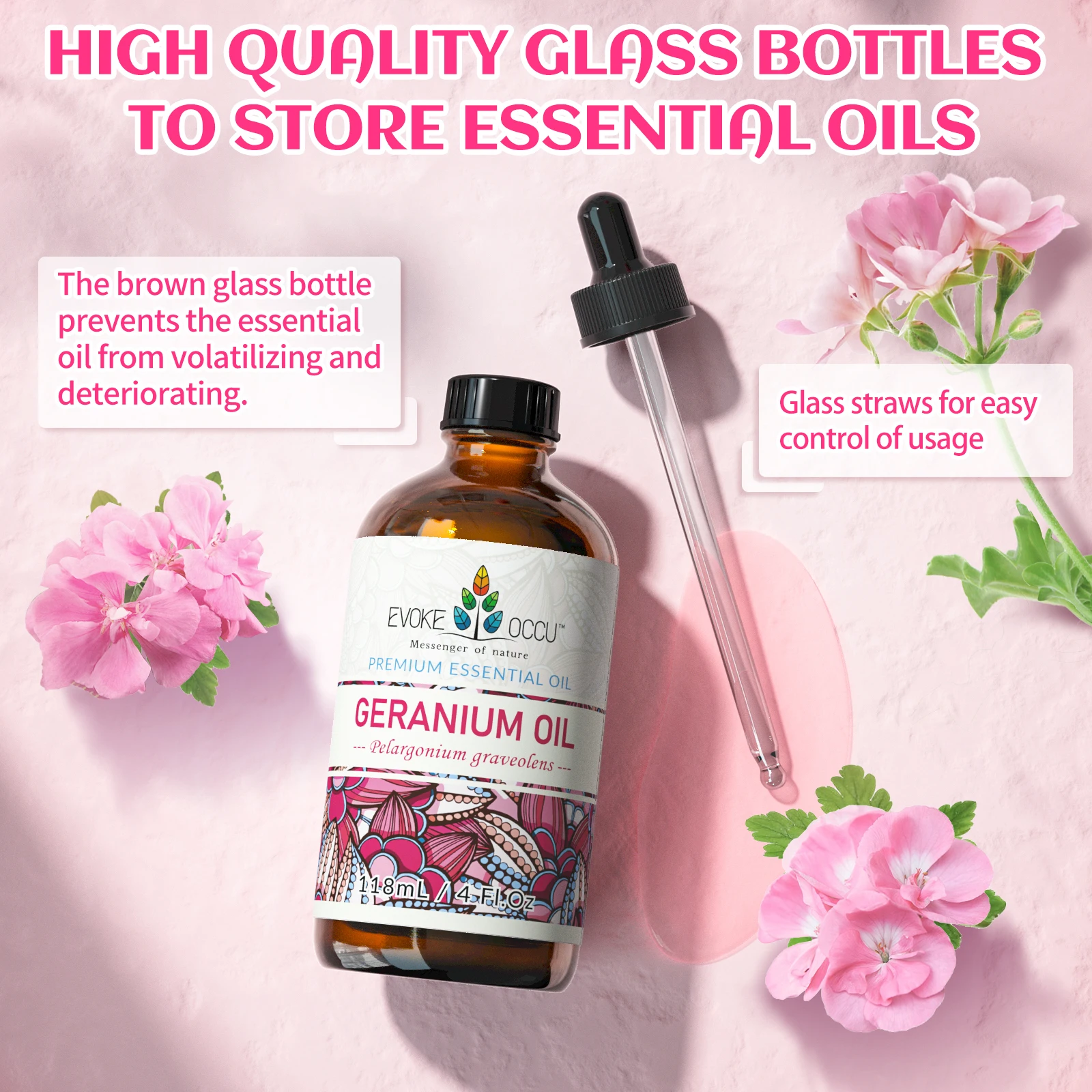 EVOKE OCCU Geranium Oil, 118ML/4 Fl. Oz. Pure Floral Essential Oil for Perfume, Scented Candles, Soap, Bath, Massage, Diffuser