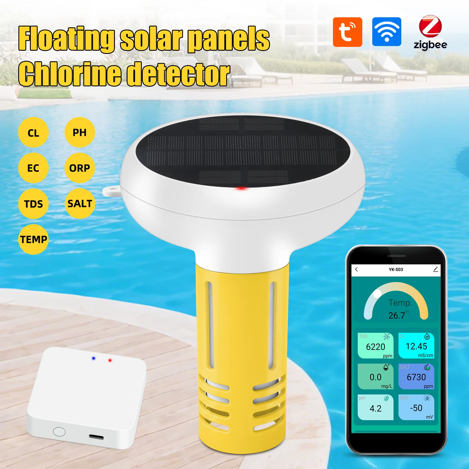 Détecteur flottant solaire Tuya ZigBee 7-en-1 PH ORP TDS Salinité Température CL pour piscine, aquarium, spa
