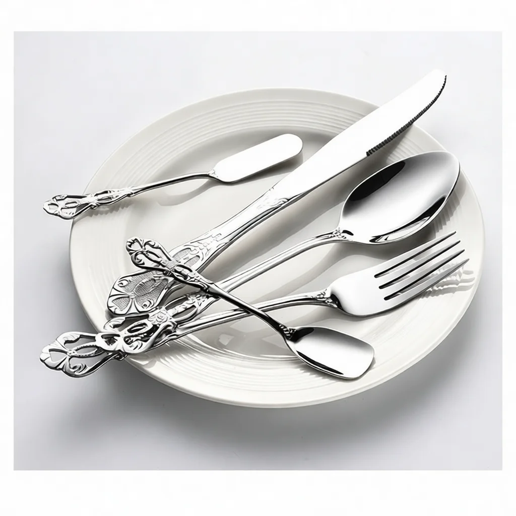 Elegant Palace Inspired Stainless Steel Flatware Vintage Dinnerware Steak Knife Dessert Fork Coffee Spoon Set