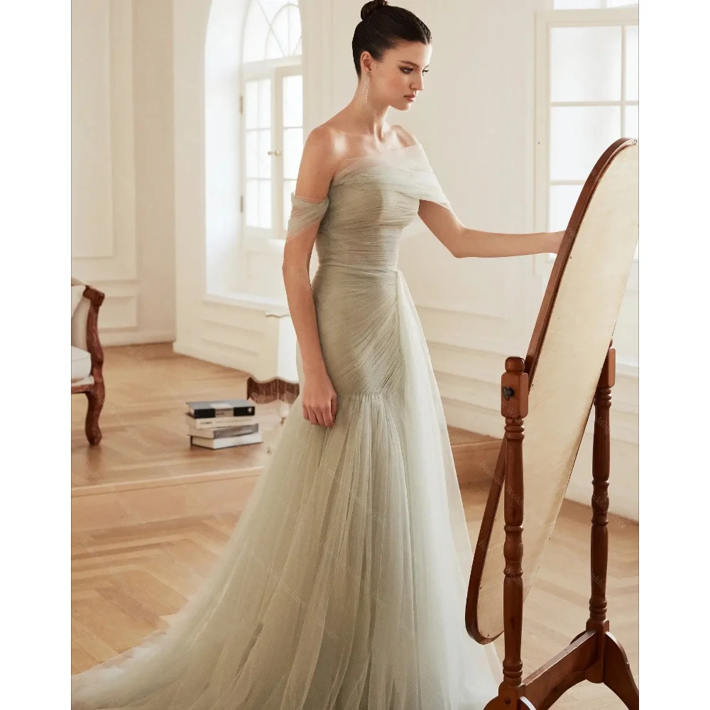 

Elegant Strapless Evening Dresses Tulle Pleated Off The Shoulder Party Gowns Fashion A-Line Sweep Train Women Prom Dresses