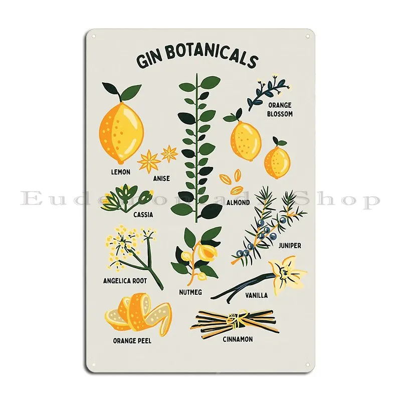Gin Botanicals Orange Lemon Almond Vanilla Cinnamon And More Metal Sign Character Bar Living Room Wall Pub Tin Sign Poster