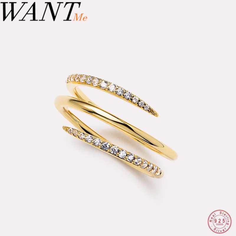 

WANTME 925 Sterling Silver Fashion Three-layer Zircon Unique Adjustable Finger Ring for Women European Spring-shaped Jewelry