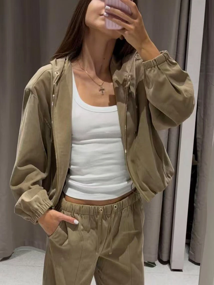 TFMLN Autumn Women Jacket With Hood Long Sleeve Solid Simple Style Zipper Jacket Coat Female Loose Casual Outerwear Tops
