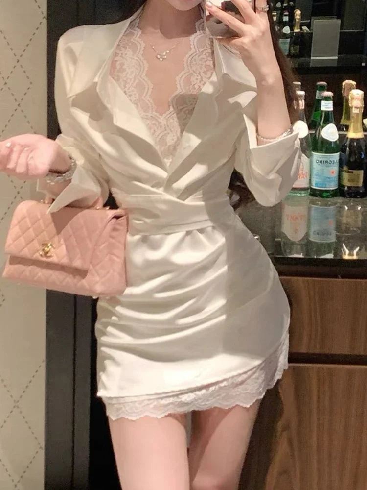 2026 New Spring Style Sexy Lace Shirt Short Skirt Satin Dress for Women KX96