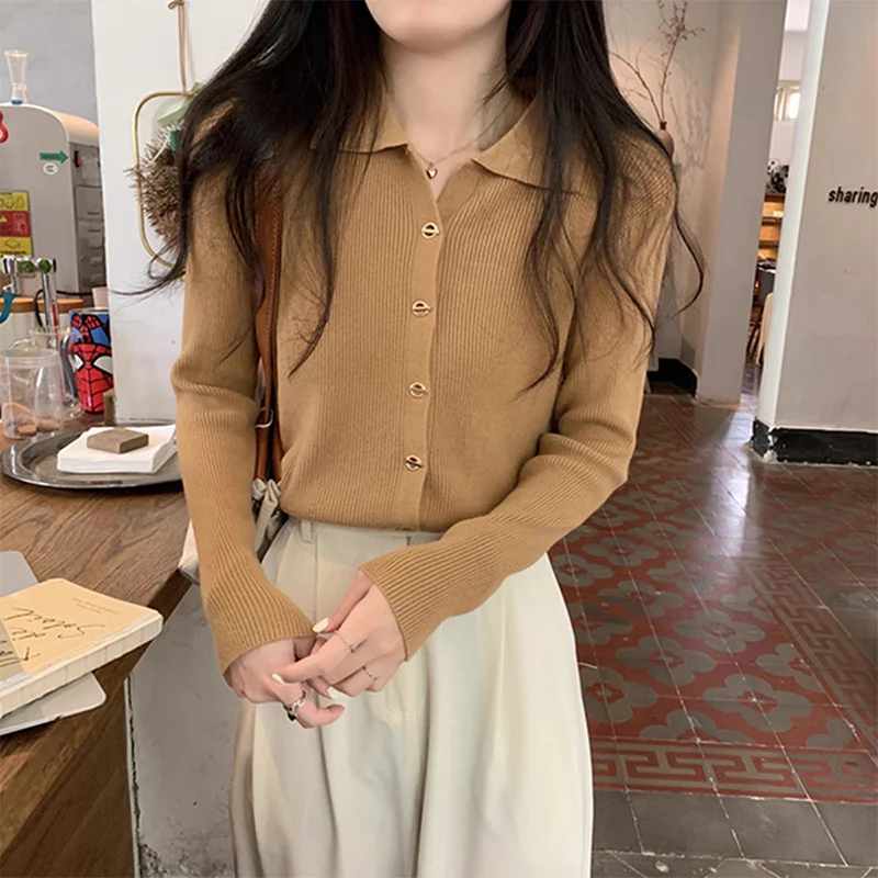 Autumn New Long Sleeve Knitted Cardigan for Women Chic Metal Button Elegant Lapel Sweater Coat Solid Color Slim Fit Knitwears