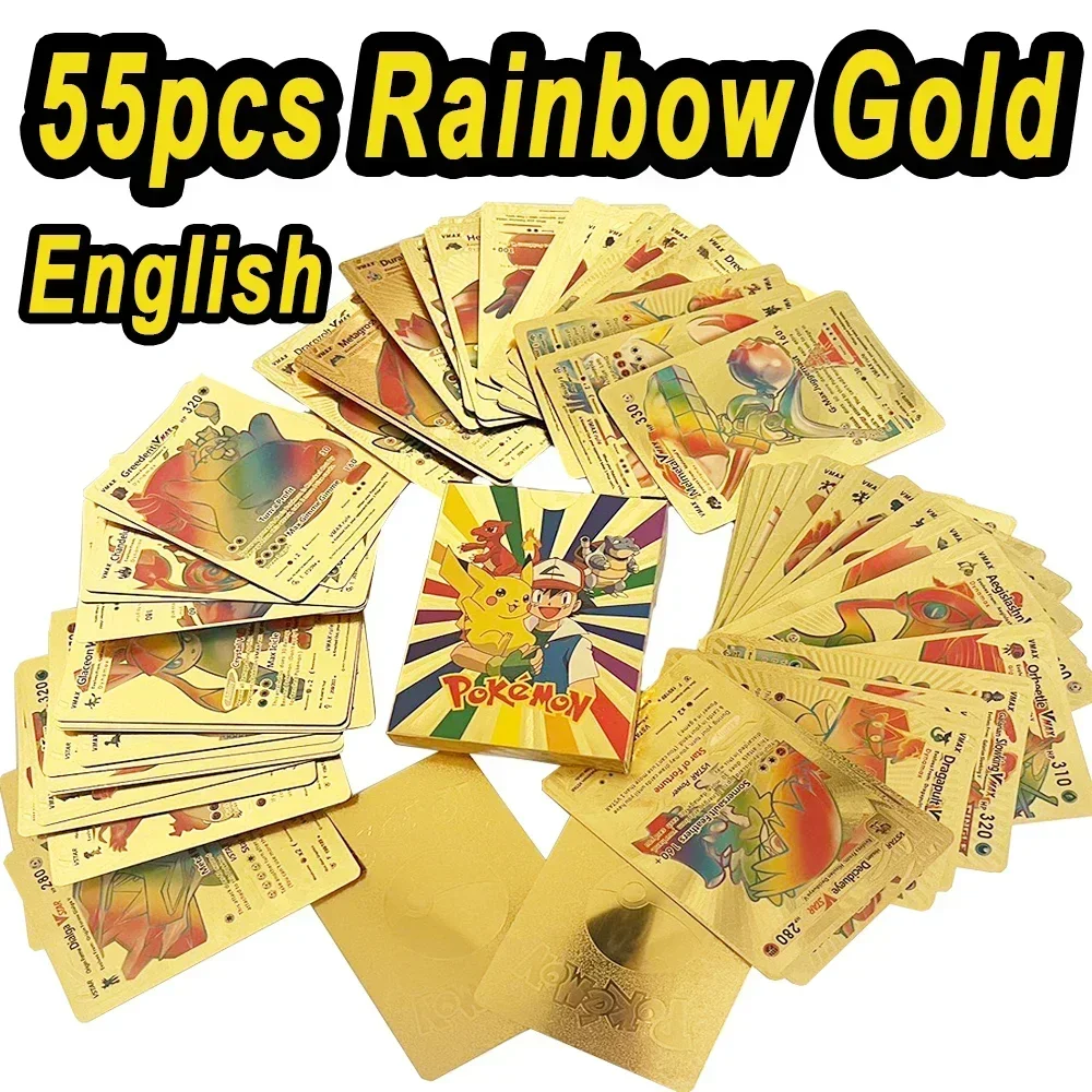 Pokemon 55pcs Game Cards English Spanish French German Pikachu Card Set Gold Silver Black Game Collector Tabletop Battle Cards