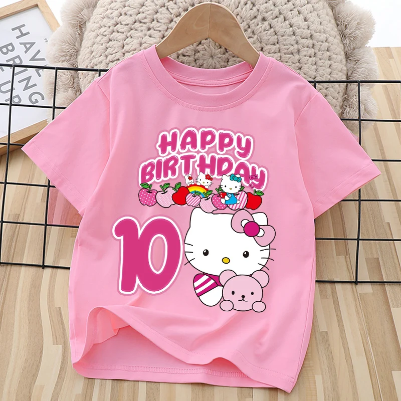 

Hello Kitty Birthday T-shirt for Children Pink Numbers Tee Top Kawaii Cartoon Clothes Short Sleeve Girl Loose Clothing Kids Gift