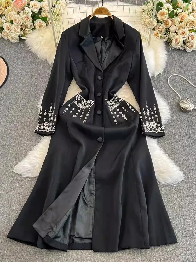 Autumn Women Khaki/Black/White Diamonds Beading Party Long Dress Vintage Notched Collar Long Sleeve Elegant Single Breasted Robe