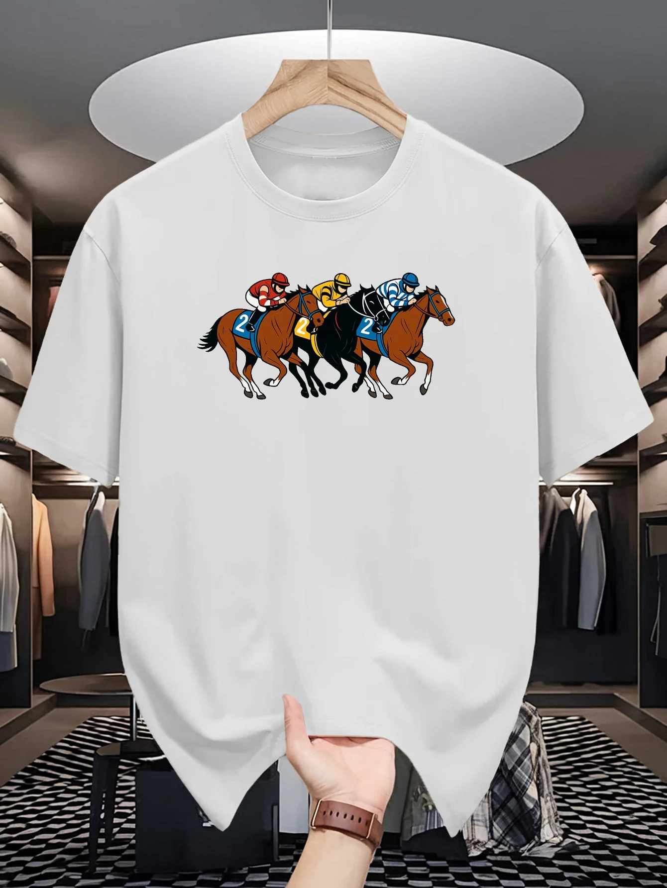 2026 Men Horse Racing Graphic T‑Shirt Colorful Jockey Race Horse Illustration Print O‑Neck Short Sleeve Casual Street Tees