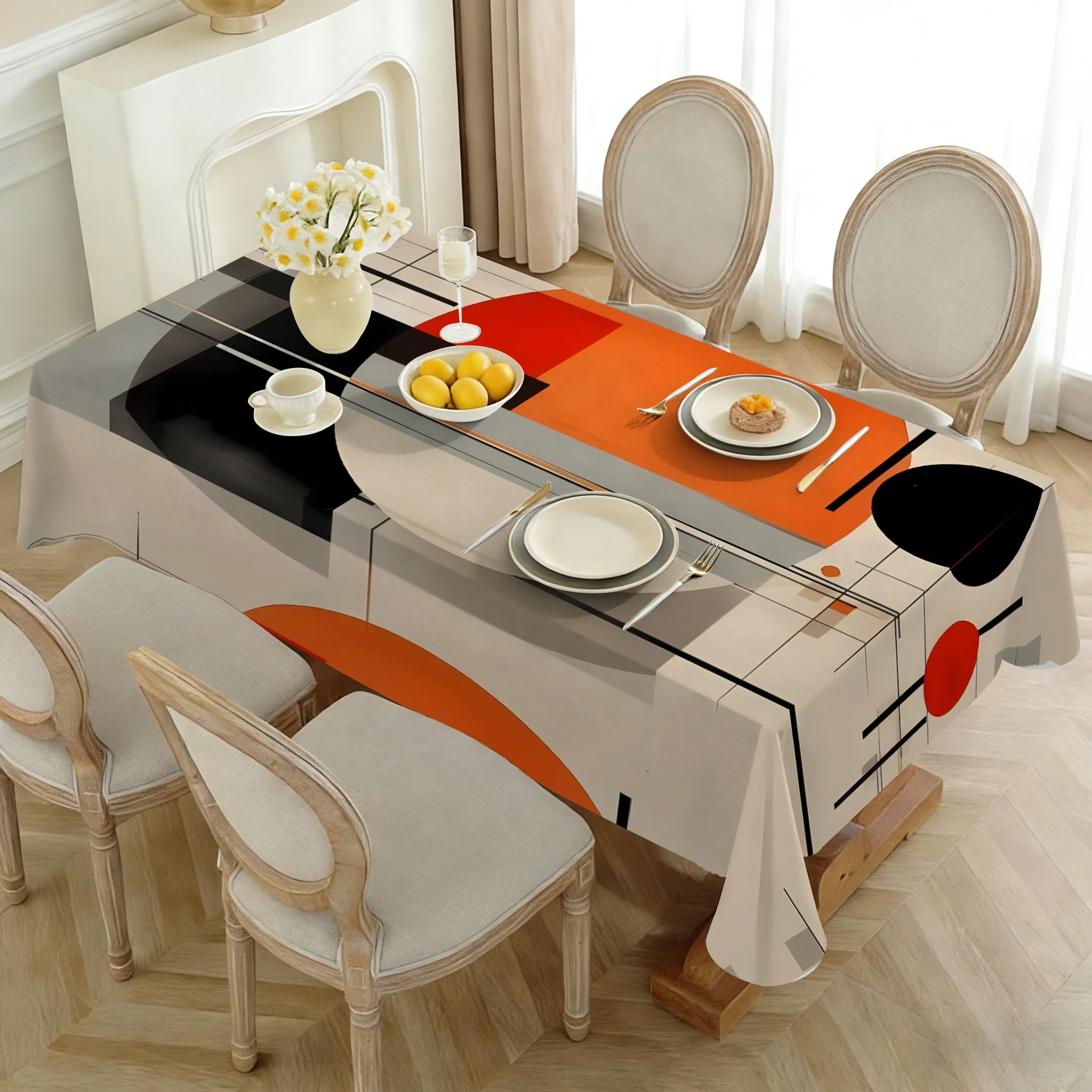 One Bauhaus/Mondrian-style orange-black contrast geometric line tablecloth with modern minimalist design. yzb