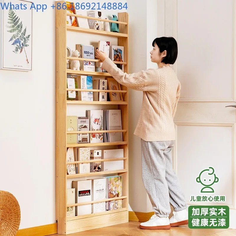 Simple Solid Wood Bookshelf Floor-standing Wall-mounted Home Bookcase Picture Book Rack Living Room Entryway Storage Shelf