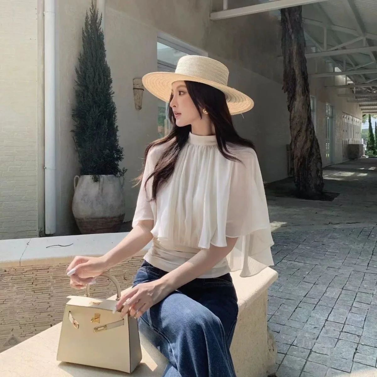 Women's High Collar Chiffon Top Sleeveless Slim Fit Breathable Thin Waist Shaping Commute Style Fashionable Summer Shirt
