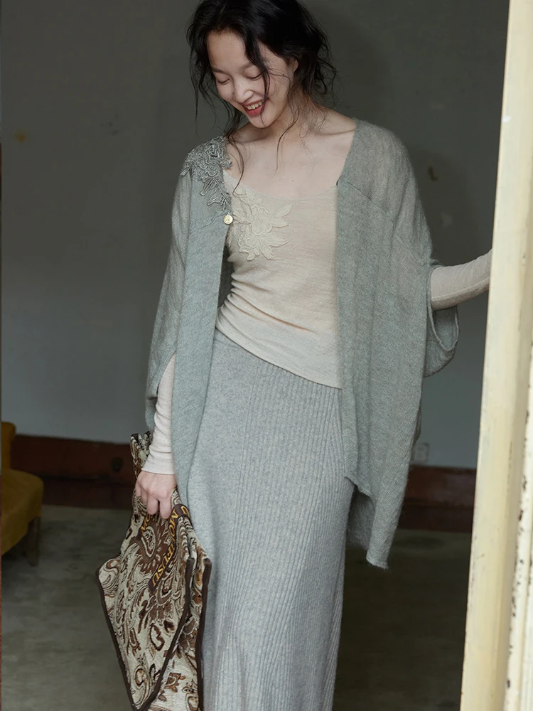 

Классическое длинное пальто-жакет двустороннее из 100% кашемира, юбка-трапеция оригинального цвета Mume и Fu Su, женская модная одежда