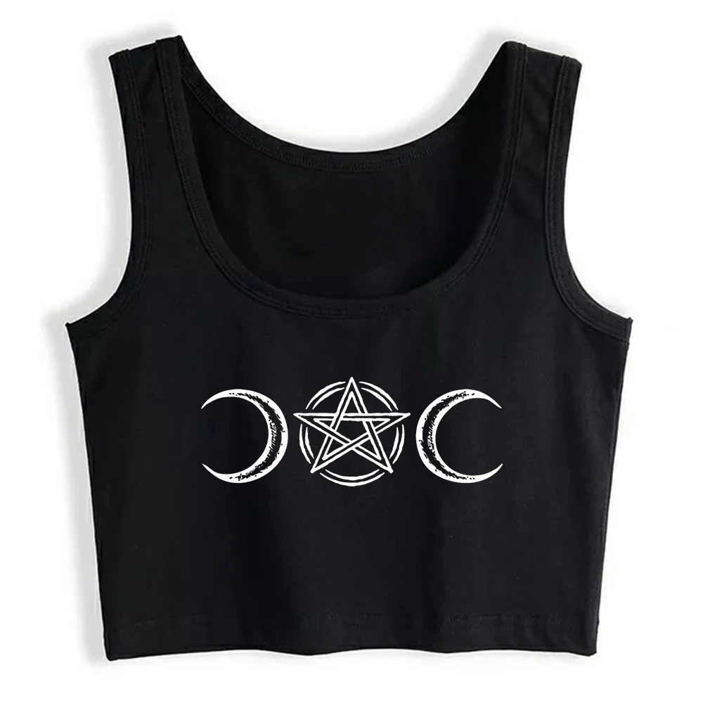 Gothic Two Moon Pentagram Figure Design Sexy Slim Crop Top Women's Gothic Satanism Leisure Tank Tops Street Sports Camisole