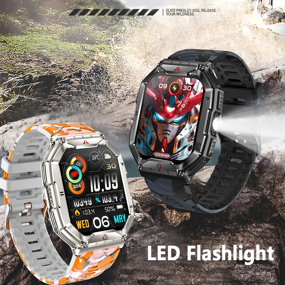 2024 New Rugged Military With LED Flashlight Smart Watch Men Heart Rate Bluetooth Call Waterproof Outdoor SmartWatch For Xiaomi