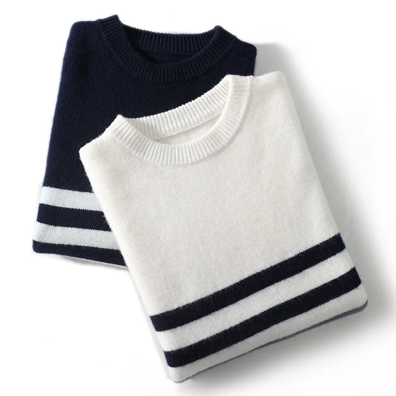 

100% Merino Wool New Men's O-neck Striped Pullover Sweater Cashmere Knitwear Casual Jumper Spring Autumn Clothes Korean Top