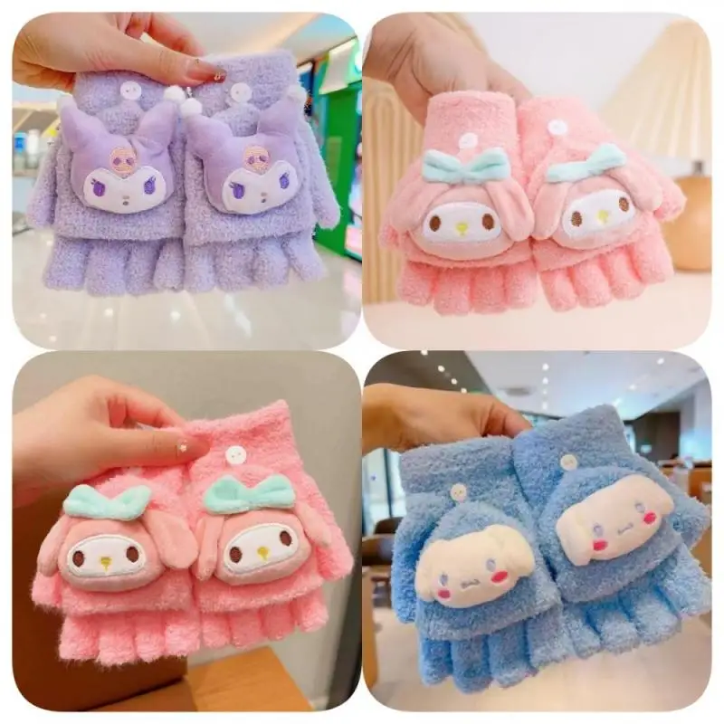 Hello Kitty Sanrio Cinnamoroll Kuromi Winter Thick Flip Gloves Warm and Cold Proof Children's Cute Cartoon Gloves No Fingers ﻿