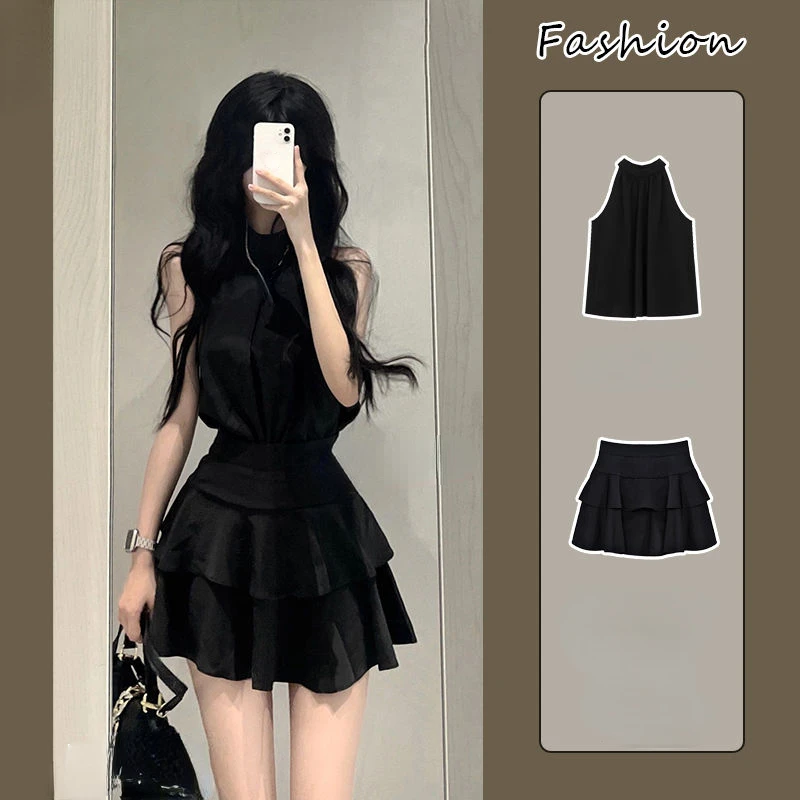 2024 Summer Black 2 Piece Skirt Sets Women Korean Fashion Clothing Y2k Crop Tops Blouse + Mini Skirts Sexy Suits Chic